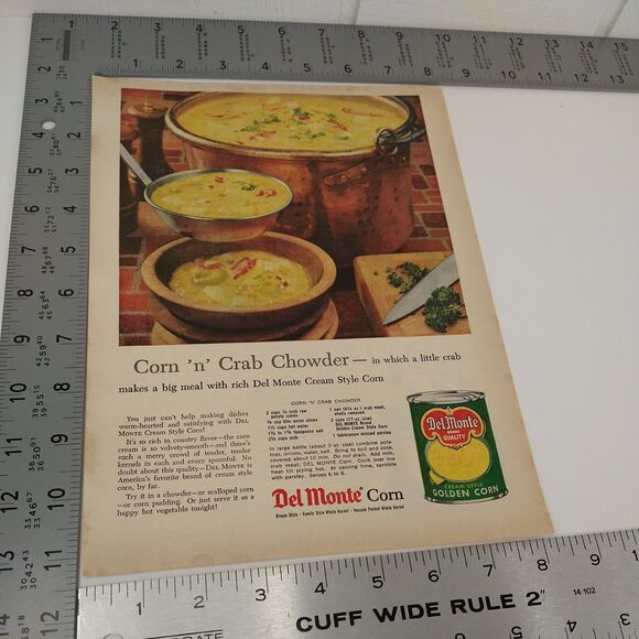1958 Del Monte Corn Ad Crab Chowder Bronze Pot Wood Bowl Recipe MCM Print Ad - Picture 3 of 8